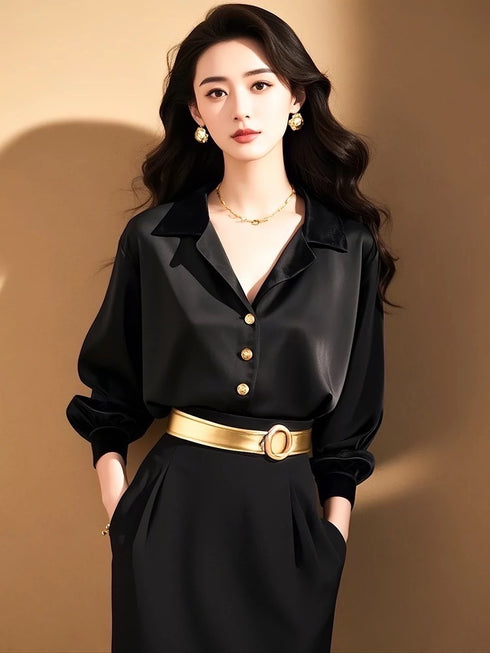 Women Satin Collar Down Shirts